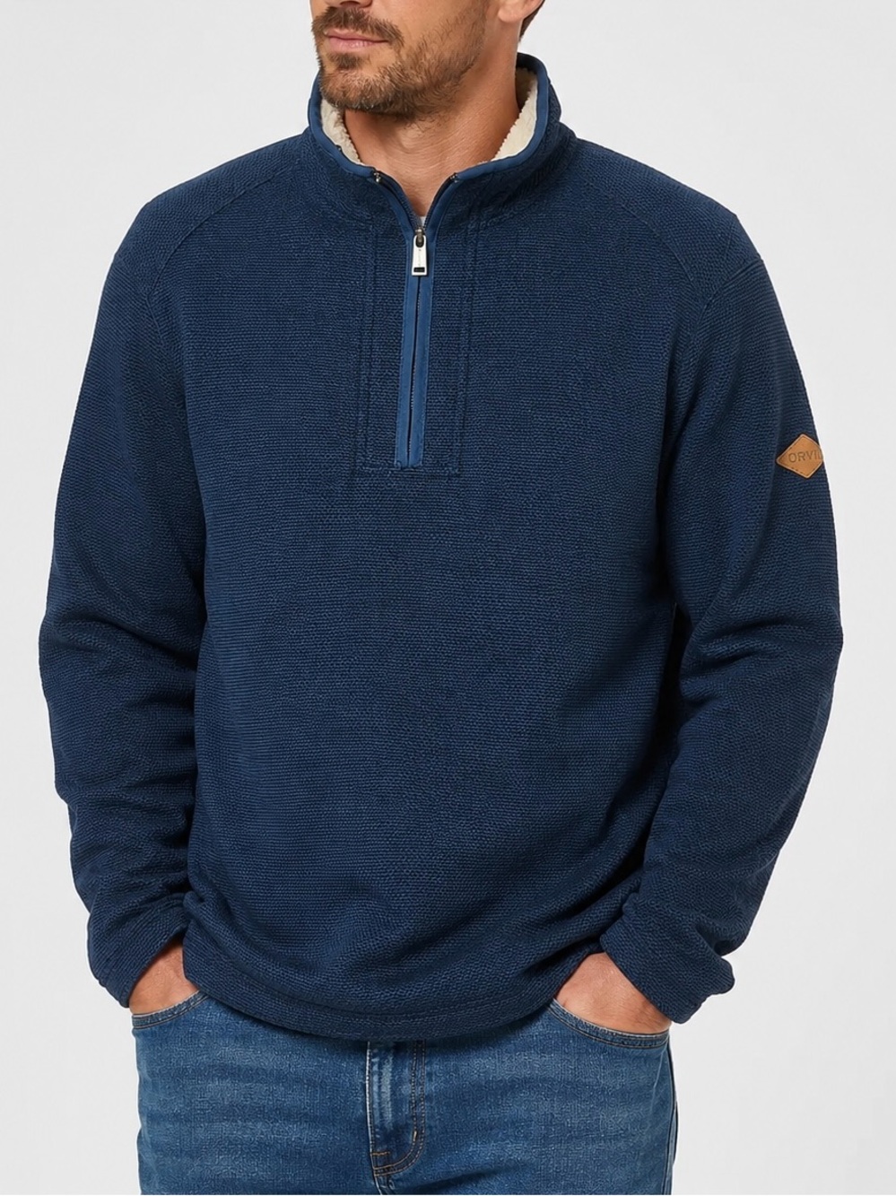 Orvis Men’s L Sherpa Lined Quarter Zip Blue Textured Fleece Pullover